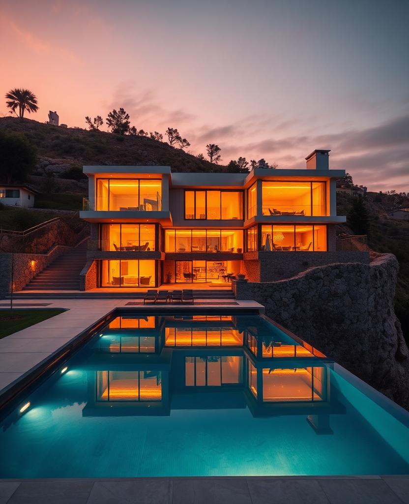 Luxury hillside home at golden hour